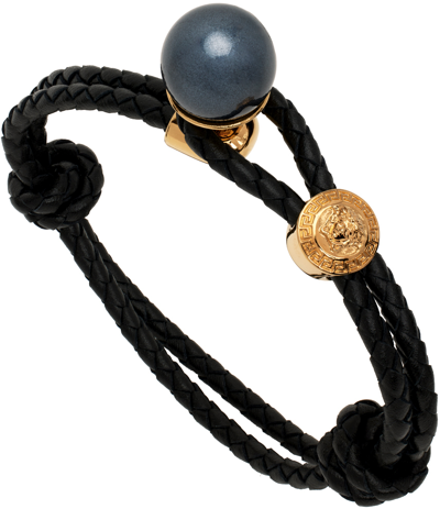 Shop Versace Black Leather & Pearl Bracelet In 4j120 Oro -ne