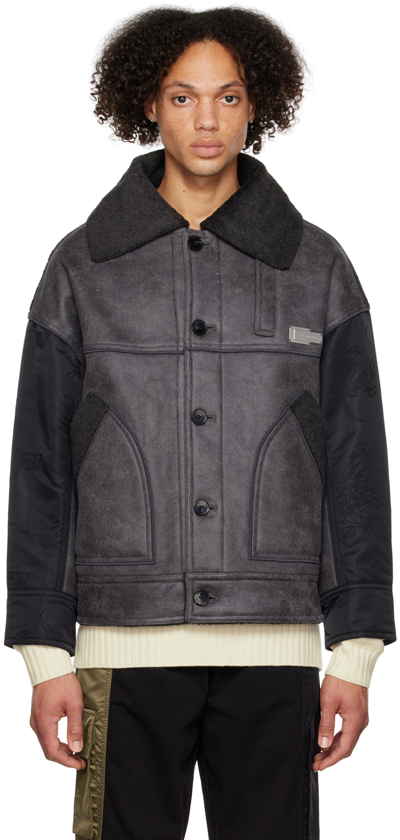 Shop Feng Chen Wang Gray Reversible Paneled Jacket In Black