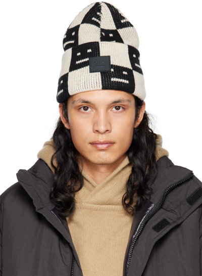 Shop Acne Studios Black & Beige Checkerboard Beanie In Cw8 Black/oatmeal Me