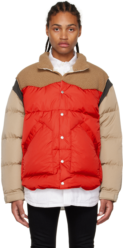 Shop Undercover Red & Beige Paneled Down Jacket