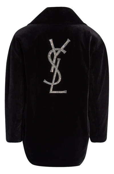 Shop Saint Laurent Embroidered Ysl Logo Cotton Velveteen Peacoat In Nero