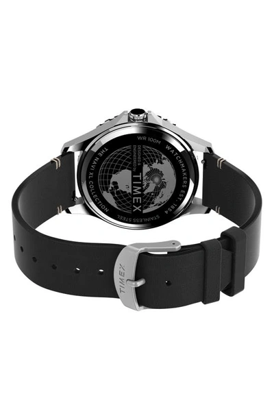 Shop Timex Navi Xl Leather Strap Watch, 41mm In Silver/ Black/ Black