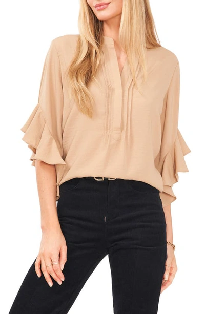 Shop Vince Camuto Ruffle Sleeve Split Neck Blouse In Fall Camel