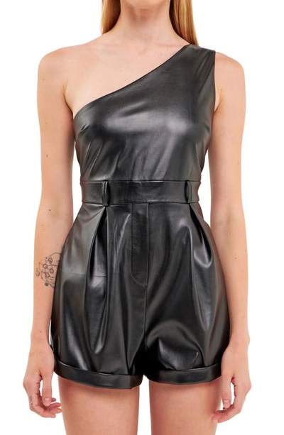Endless Rose Faux Leather One Shoulder Romper In Jet Black