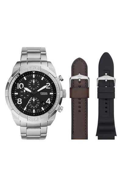 Shop Fossil Bronson Chronograph Watch Set, 50mm In Silver/ Brown/ Black