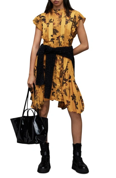 Shop Allsaints Fleur Lilly Pleated Asymmetric Hem Dress In Gold