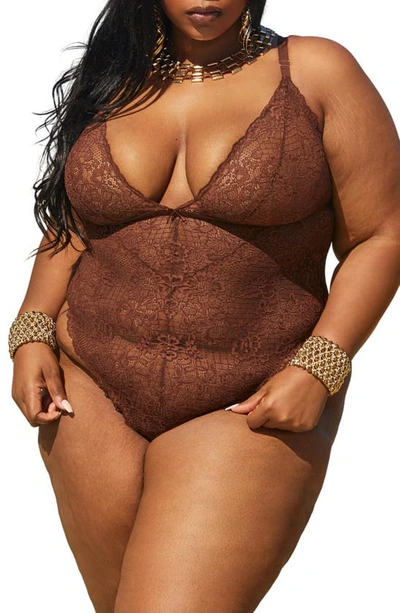 Shop Love, Vera Lace Thong Bodysuit In Chocolate Fondant