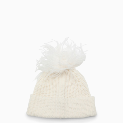 Shop Art Essay Ivory Cashmere Cap With Feathers In White