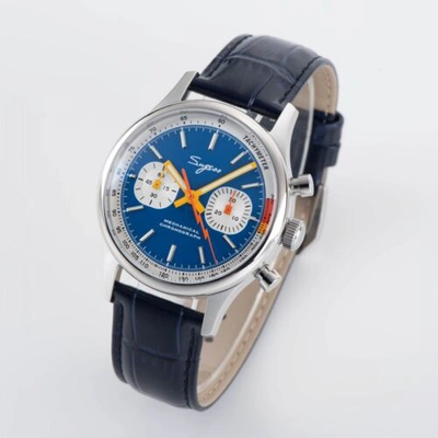 Pre-owned Sugess 1963 Watch Seagull Upgrade Swan Neck Mechanical Movement Chronograph For Gift In 40mm Blue Black Band Swan Neck