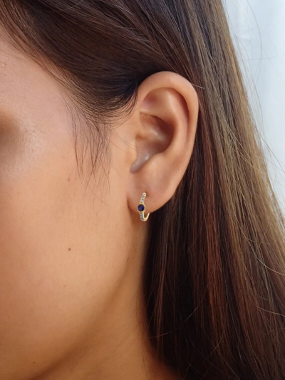 Pre-owned J.o.n 14k Gold Genuine Diamond And Blue Sapphire Gemstone Hoop Earrings Fine Jewelry In White