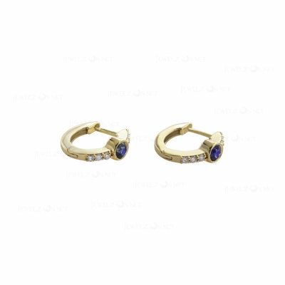 Pre-owned J.o.n 14k Gold Genuine Diamond And Blue Sapphire Gemstone Hoop Earrings Fine Jewelry In White