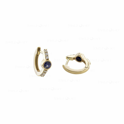 Pre-owned J.o.n 14k Gold Genuine Diamond And Blue Sapphire Gemstone Hoop Earrings Fine Jewelry In White