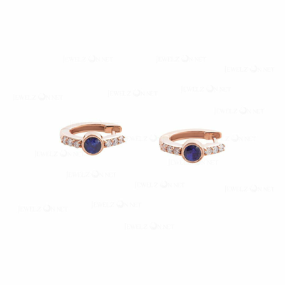 Pre-owned J.o.n 14k Gold Genuine Diamond And Blue Sapphire Gemstone Hoop Earrings Fine Jewelry In White