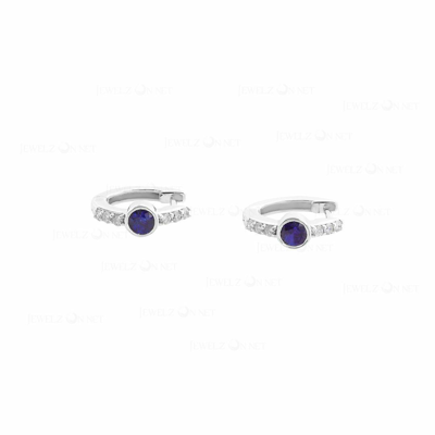 Pre-owned J.o.n 14k Gold Genuine Diamond And Blue Sapphire Gemstone Hoop Earrings Fine Jewelry In White