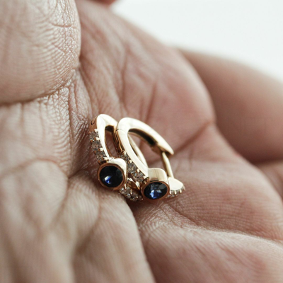 Pre-owned J.o.n 14k Gold Genuine Diamond And Blue Sapphire Gemstone Hoop Earrings Fine Jewelry In White