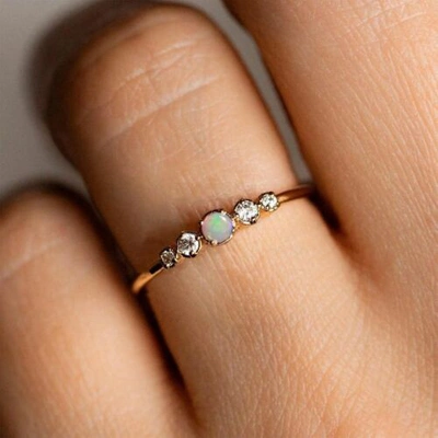Pre-owned J.o.n 14k Gold Genuine Diamond And Opal Gemstone Minimalist Ring Fine Jewelry In White