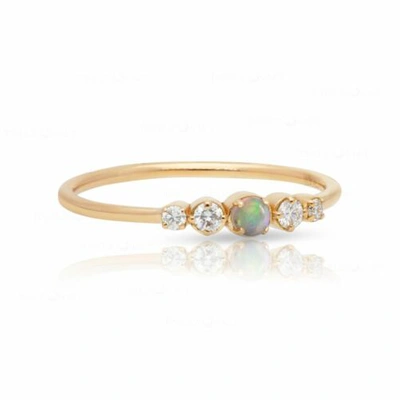 Pre-owned J.o.n 14k Gold Genuine Diamond And Opal Gemstone Minimalist Ring Fine Jewelry In White