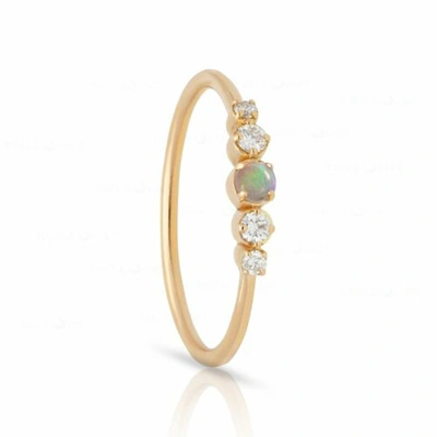 Pre-owned J.o.n 14k Gold Genuine Diamond And Opal Gemstone Minimalist Ring Fine Jewelry In White
