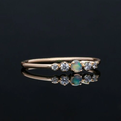 Pre-owned J.o.n 14k Gold Genuine Diamond And Opal Gemstone Minimalist Ring Fine Jewelry In White