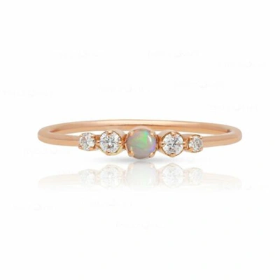 Pre-owned J.o.n 14k Gold Genuine Diamond And Opal Gemstone Minimalist Ring Fine Jewelry In White