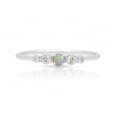 Pre-owned J.o.n 14k Gold Genuine Diamond And Opal Gemstone Minimalist Ring Fine Jewelry In White