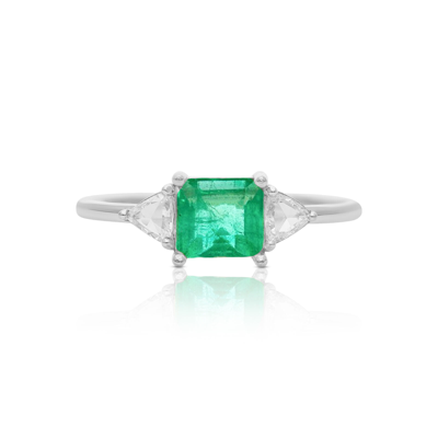 Pre-owned J.o.n 14k Gold Genuine Trillion Diamond And Emerald Engagement Ring In White