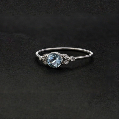 Pre-owned J.o.n 14k Gold Genuine Diamond Aquamarine Floral Handmade Fine Jewelry Ring