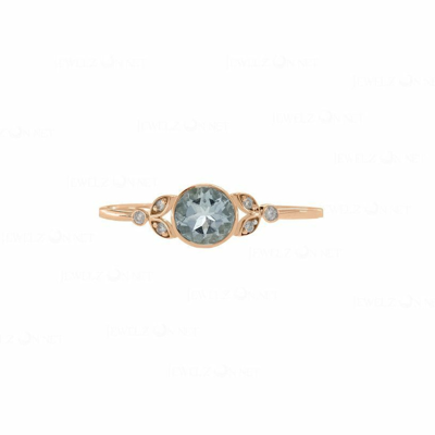 Pre-owned J.o.n 14k Gold Genuine Diamond Aquamarine Floral Handmade Fine Jewelry Ring