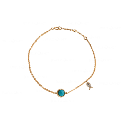 Pre-owned J.o.n 14k Gold Genuine Diamond And Turquoise Gemstone Fish Charm Bracelet Fine Jewelry In White