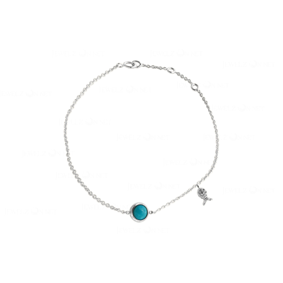 Pre-owned J.o.n 14k Gold Genuine Diamond And Turquoise Gemstone Fish Charm Bracelet Fine Jewelry In White