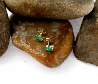 Pre-owned J.o.n 14k Gold 0.80 Ct. Genuine Marquise Emerald Gemstone Leaf Design Studs Earrings