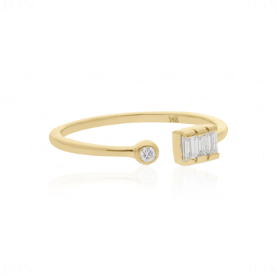Pre-owned J.o.n 14k Gold 0.15 Ct. Genuine Baguette And Round Diamond Open Cuff Ring Fine Jewelry In White