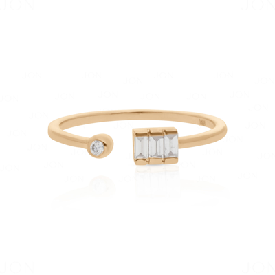 Pre-owned J.o.n 14k Gold 0.15 Ct. Genuine Baguette And Round Diamond Open Cuff Ring Fine Jewelry In White