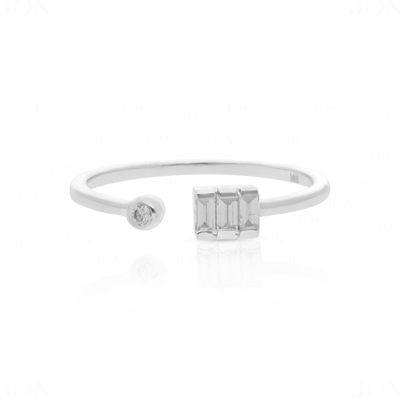 Pre-owned J.o.n 14k Gold 0.15 Ct. Genuine Baguette And Round Diamond Open Cuff Ring Fine Jewelry In White