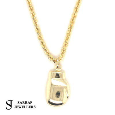 Pre-owned Sarrafjewellers 9ct Yellow Gold Hollow Boxing Glove Pendant + 22 Inch Rope Chain Mens In No Stone