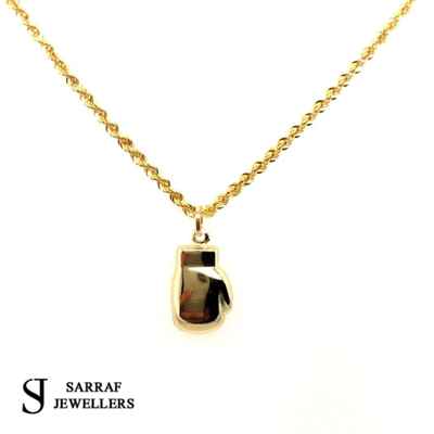 Pre-owned Sarrafjewellers 9ct Yellow Gold Hollow Boxing Glove Pendant + 22 Inch Rope Chain Mens In No Stone