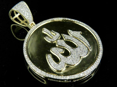 Pre-owned Online0369 1.25ct Round Moissanite Men's Allah Disk Charm Pendant Silver Yellow Gold Plated In White
