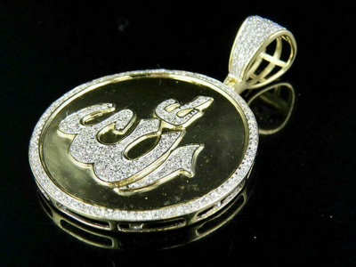 Pre-owned Online0369 1.25ct Round Moissanite Men's Allah Disk Charm Pendant Silver Yellow Gold Plated In White