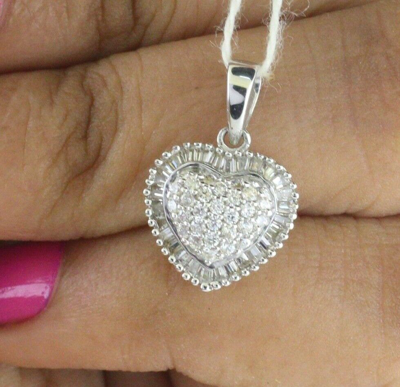 Pre-owned Halojeweler 1.00 Ct Real Round & Baguette Diamond Heart Shape Cluster Pendant 14k White Gold