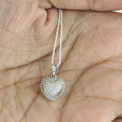 Pre-owned Halojeweler 1.00 Ct Real Round & Baguette Diamond Heart Shape Cluster Pendant 14k White Gold