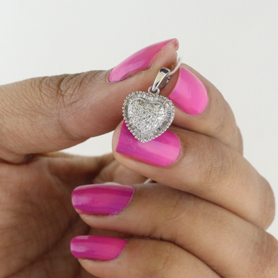 Pre-owned Halojeweler 1.00 Ct Real Round & Baguette Diamond Heart Shape Cluster Pendant 14k White Gold