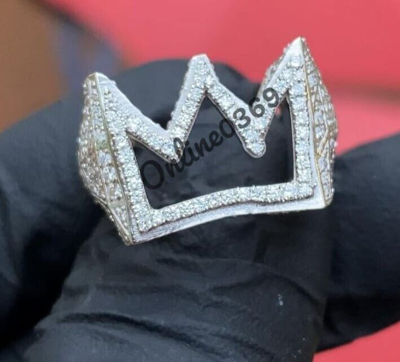 Pre-owned Online0369 Men's 2.5ct Vvs Round Moissanite Statement Crown Ring 925 Silver Free Stud In White