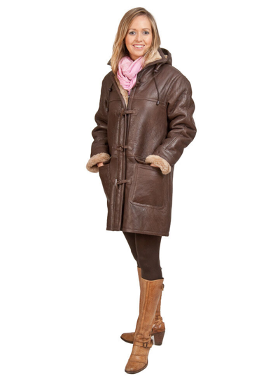 Pre-owned Infinity Women's Brown Long Winter Hooded Real Shearling Sheepskin Leather Duffle Coat In Coniac Ginger