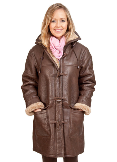Pre-owned Infinity Women's Brown Long Winter Hooded Real Shearling Sheepskin Leather Duffle Coat In Coniac Ginger