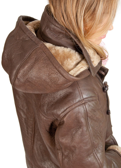 Pre-owned Infinity Women's Brown Long Winter Hooded Real Shearling Sheepskin Leather Duffle Coat In Coniac Ginger