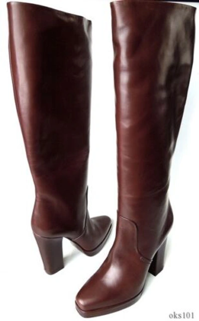 Pre-owned Calvin Klein Collection Brown Leather Platform Tall Boots Italy Classy $995