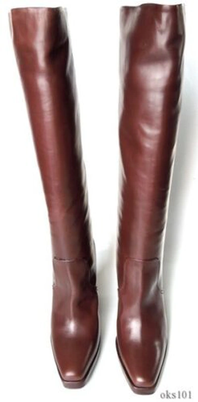 Pre-owned Calvin Klein Collection Brown Leather Platform Tall Boots Italy Classy $995