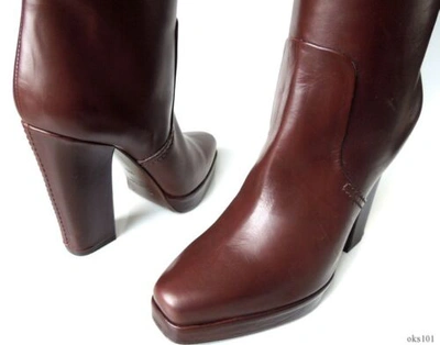Pre-owned Calvin Klein Collection Brown Leather Platform Tall Boots Italy Classy $995