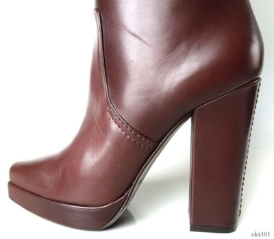 Pre-owned Calvin Klein Collection Brown Leather Platform Tall Boots Italy Classy $995