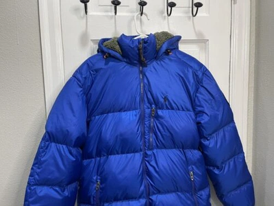 Pre-owned Polo Ralph Lauren Sportsman Down Jacket Sherpa Hood Blue Camo Men's Size Medium